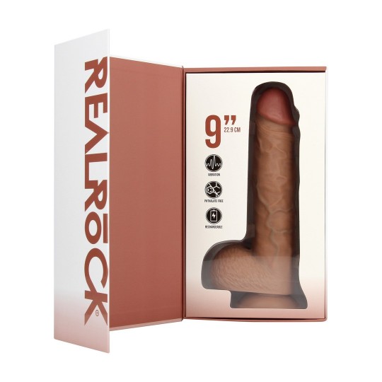 VIBRATING REGULAR STRAIGHT COCK WITH BALLS - 9 / 23 CM - TAN
