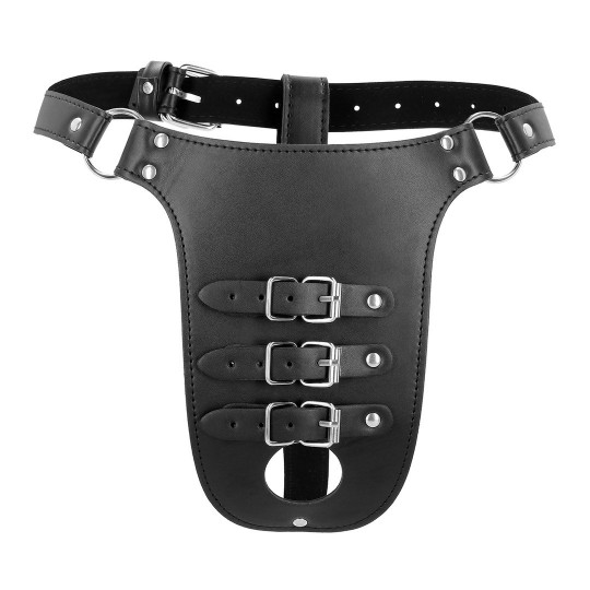 PU LEATHER CHASTITY BELT WITH STRAPS - BLACK