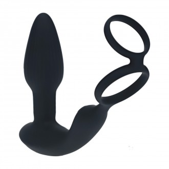 DUAL VIBRATING REMOTE ROTATING BEADS SILICONE PROSTATE STIMULATOR WITH COCK AND BALL RING - BLACK