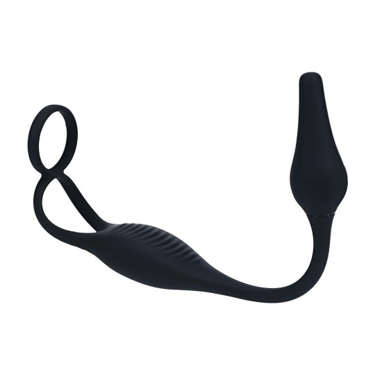VIBRATING SILICONE PROSTATE STIMULATOR WITH COCK AND BALL RING - BLACK