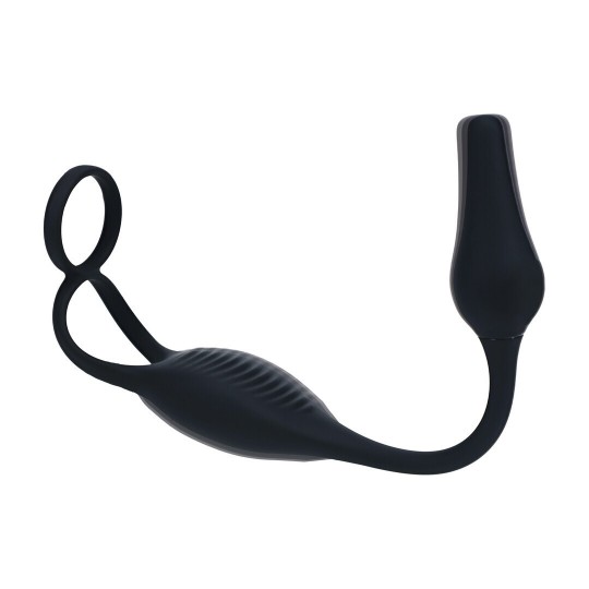 VIBRATING SILICONE PROSTATE STIMULATOR WITH COCK AND BALL RING - BLACK