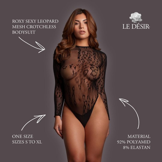 ROXY - SEXY LEOPARD MESH CROTCHLESS BODYSUIT - ONE SIZE - BLACK