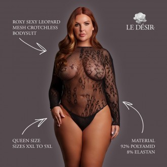 ROXY - SEXY LEOPARD MESH CROTCHLESS BODYSUIT - QUEEN SIZE - BLACK