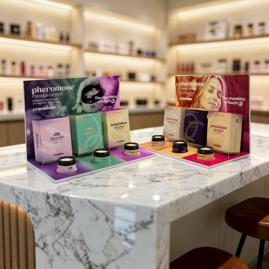 PACK DE EXPOSITOR PARA SILK, EDEN E TEMPTATION COM 9 VELAS DE MASSAGEM COM FEROMONAS + 3 VELAS GRÁTIS CRUSHIOUS