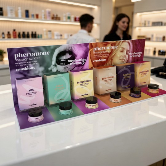 DISPLAY PACK FOR GOURMAND, LUSCIOUS AND PASSIONATE, INCLUDING 9 PHEROMONE MASSAGE CANDLES + 3 FREE CRUSHIOUS CANDLES