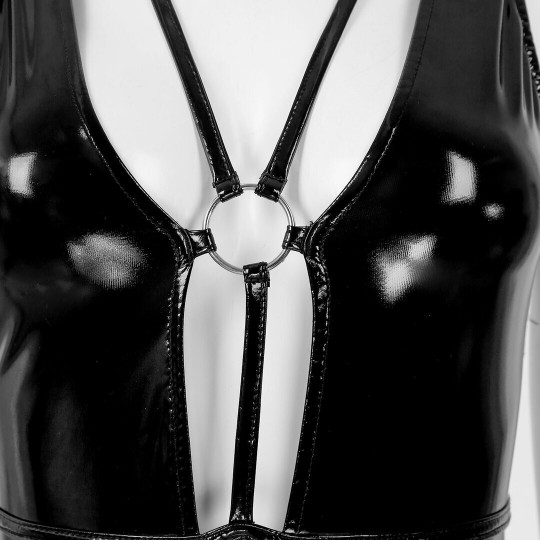WETLOOK DEEP-V BODYSUIT - BLACK