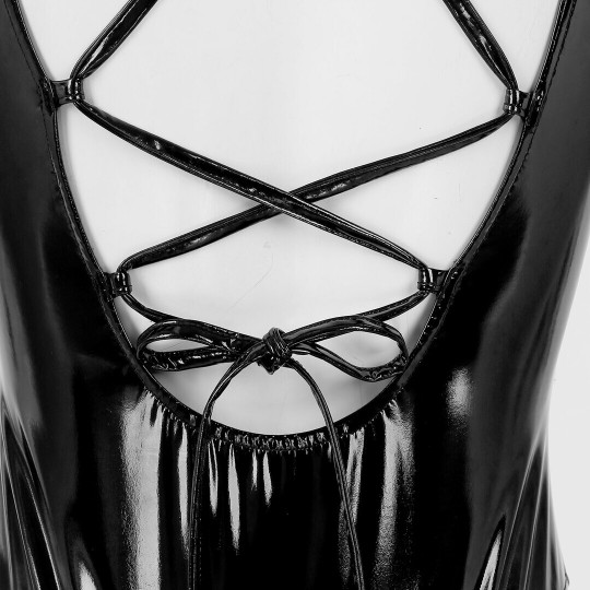 WETLOOK DEEP-V BODYSUIT - BLACK