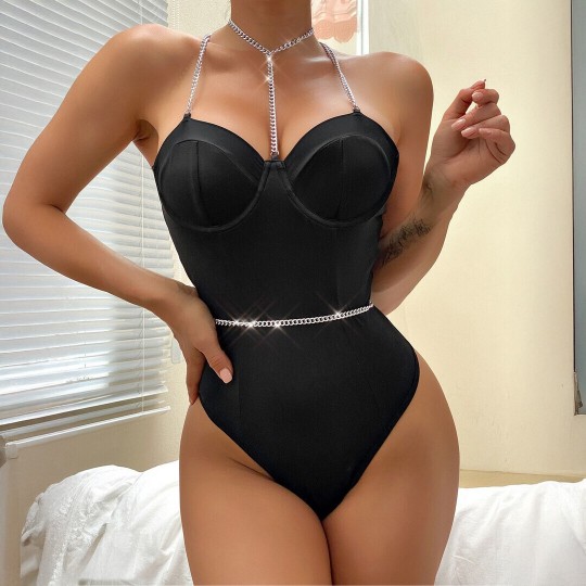 ‌CHAIN-ENHANCED CROSS BACK BODYSUIT - BLACK