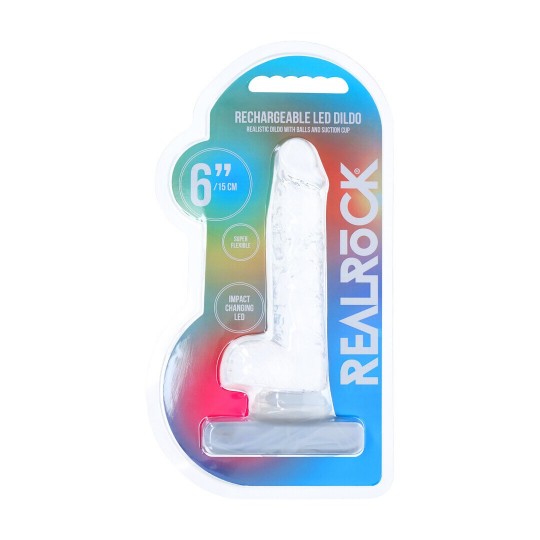 RECHARGEABLE LED DILDO WITH BALLS AND SUCTION CUP - 6 / 15 CM - TRANSPARENT