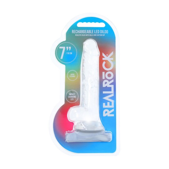 RECHARGEABLE LED DILDO WITH BALLS AND SUCTION CUP - 7 / 18 CM - TRANSPARENT