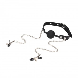 SILICONE BALL GAG WITH NIPPLE CLAMPS - BLACK/SILVER