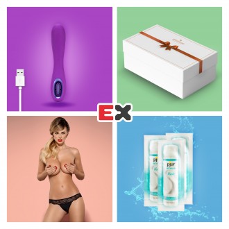 GIFT BOX WITH PURPLE TUNDRA ROSE TEASE RECHARGEABLE VIBRATOR AND OFFER OF CHARMEA THONG L/XL + 3 X PJUR WOMAN NUDE LUBRICANT 2ML
