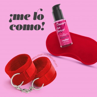 ME LO COMO CONJUNTO DE ESPOSAS DE VELCRO + ANTIFAZ SATINADO Y LUBRICANTE BESABLE DE FRESA CRUSHIOUS