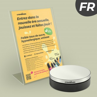 EXPOSITOR ROTATIVO CRUSHIOUS CON FOLLETO DE PRESENTACIÓN DE LUBRICANTES EN FRANCÉS