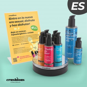 CRUSHIOUS ROTATING DISPLAY WITH LUBRICANT PRESENTATION FLYER IN SPANISH AND TWO OF EACH CRUSHIOUS LUBRICANT