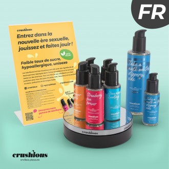 CRUSHIOUS ROTATING DISPLAY WITH LUBRICANT PRESENTATION FLYER IN FRENCH AND 14 CRUSHIOUS LUBRICANTS
