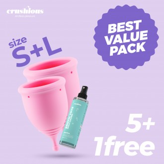 5 + 1 GRATUITO COPAS MENSTRUALES MINERVA S + L CON BOLSA Y LIMPIADOR DE JUGUETES 150 ML CRUSHIOUS