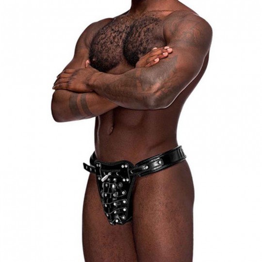 МУЖСКАЯ СИЛА ТЕЛЕЦ - СТРИНГИ ИЗ ИСКУССТВЕННОЙ КОЖИ ДЛЯ ЦЕЛОМУДРИЯ ЧЕРНЫЙ