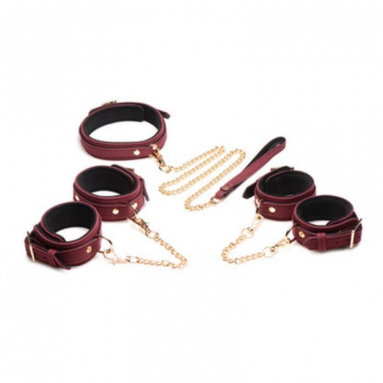 6-PIECE VELVET BURGUNDY BONDAGE SET WITH CUFFS, COLLAR AND BELT