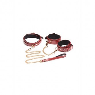 6-PIECE BURGUNDY BONDAGE SET WITH CUFFS, COLLAR AND BELT