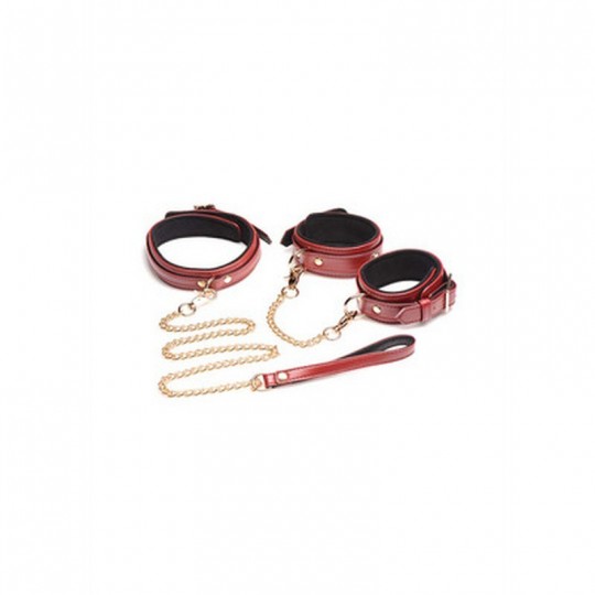 6-PIECE BURGUNDY BONDAGE SET WITH CUFFS, COLLAR AND BELT